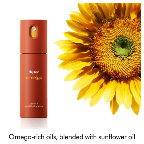 Define And Refresh Styling Duo For All Hair Types bottle next to sunflower, showcasing omega-rich oils and leave-in conditioner benefits.