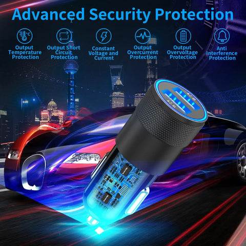 MFi Certified USB C Car Charger Fast Charge Kit 2 Pack 4.8A Cigarette Lighter Adapter with braided Type C cable, showcases advanced security features.