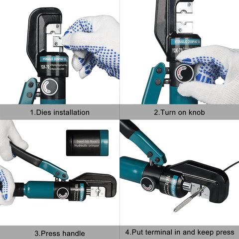 Hydraulic Crimping Tool With Nine Hardened Dies For Stainless Steel Cable Railing, step-by-step usage guide shown.