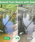 Two-panel image of a 51-inch foldable reacher tool with black body and green handle reaching into water to grab a bottle; 32-inch version shown.