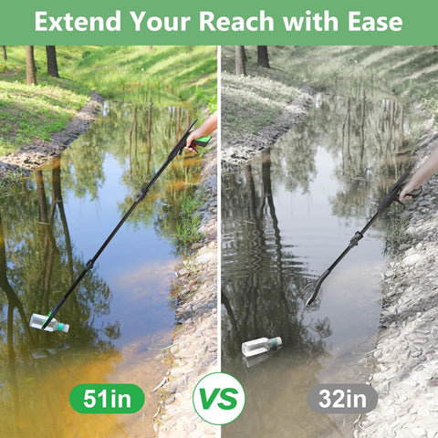 Two-panel image of a 51-inch foldable reacher tool with black body and green handle reaching into water to grab a bottle; 32-inch version shown.
