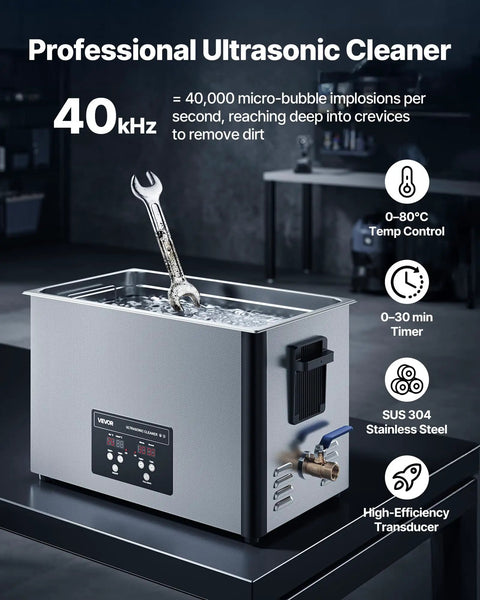 40kHz 30L Ultrasonic Cleaner With Digital Display And 480W Stainless Steel Heavy Duty Pro Grade Cleaning Machine For Carburetors Watch Parts Airbrush Tips And Small Hardware Includes Cleaning Basket For Deep Precise Cleaning, SUS 304