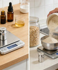 Pro Grade 200 Gram Steel Calibration Weight M1 Class For Scales And Jewelry Balances next to digital kitchen scale in use.