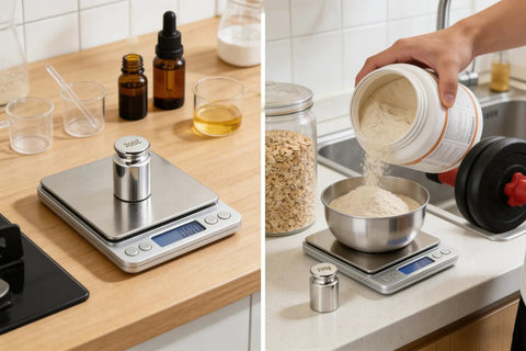 Pro Grade 200 Gram Steel Calibration Weight M1 Class For Scales And Jewelry Balances next to digital kitchen scale in use.