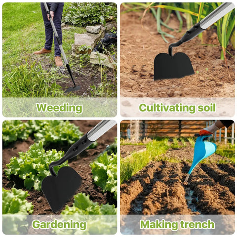 Beast Of A Heavy Duty Garden Hoe With Long Handle For No Sweat Weeding And Tilling, used for gardening, trench making, and cultivating.