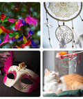 Collage of colorful dream catchers, feathered mask, and cat toy in light setting, showcasing feather craft applications.