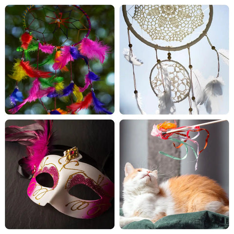 Collage of colorful dream catchers, feathered mask, and cat toy in light setting, showcasing feather craft applications.