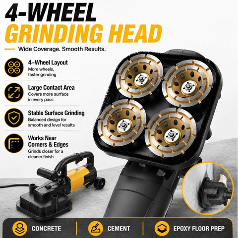 Industrial Grade 3800W Copper Motor Concrete Grinder Kit With Four Head Design And Six Speed Control For Marble Polishing Epoxy Floors Heavy Duty Concrete Leveling In Warehouses Patios And Parking Lots, 4-wheel grinding head