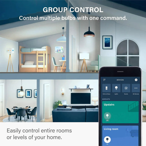 Alexa Ready A19 Dimmable LED Bulbs 5000K Daylight smart home app controlling lights in living and bedroom spaces