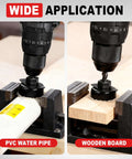KATA hole saw kit, 20-piece set (3/4–6 in) with mandrels and case; shown drilling PVC pipe and wooden board