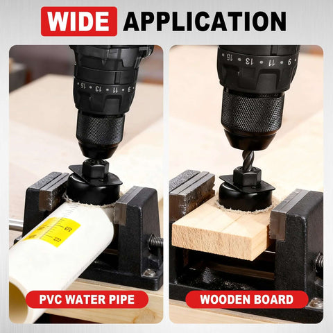 KATA hole saw kit, 20-piece set (3/4–6 in) with mandrels and case; shown drilling PVC pipe and wooden board