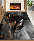 Train Junkie 4x5 Rug For Bedroom And Living Room, Steam Locomotive Design, in front of a fireplace with indoor decor.