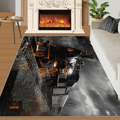 Train Junkie 4x5 Rug For Bedroom And Living Room, Steam Locomotive Design, in front of a fireplace with indoor decor.
