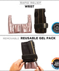 Unisex Fingerless Wrist Wrap With Ice Pack And Heat Therapy, adjustable compression support, black wrap with removable gel pack.