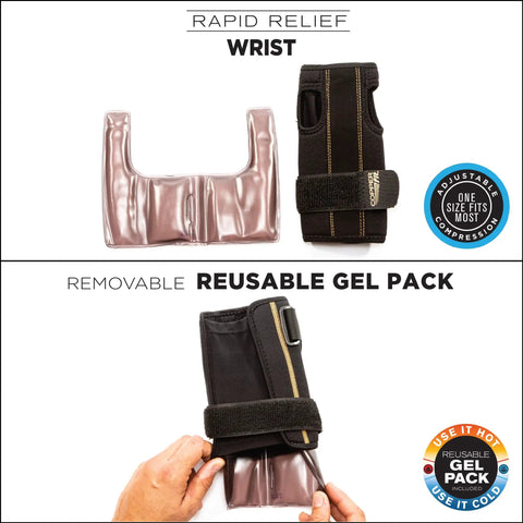 Unisex Fingerless Wrist Wrap With Ice Pack And Heat Therapy, adjustable compression support, black wrap with removable gel pack.