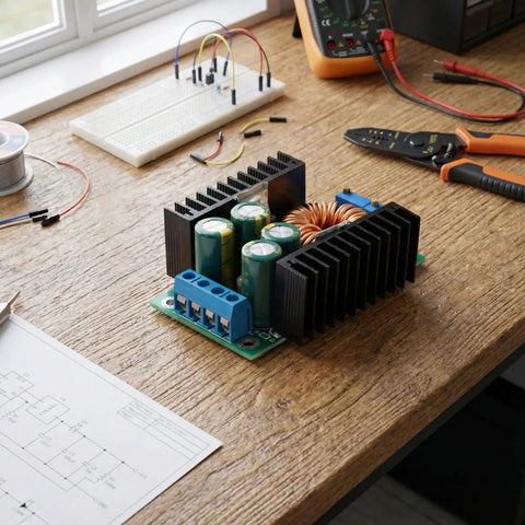 Professional Top Shelf 300 Watt Adjustable Dc Dc Buck Converter Module on a workbench, featuring capacitors and connectors.