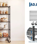 Heavy Duty Rolling Wire Shelving Cart With Five Adjustable Steel Shelves And Locking Swivel Wheels, organized pantry storage display.
