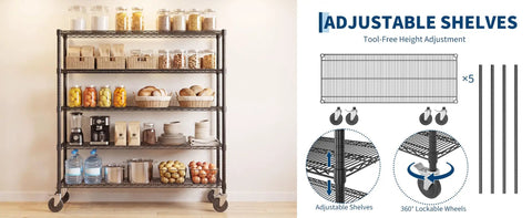 Heavy Duty Rolling Wire Shelving Cart With Five Adjustable Steel Shelves And Locking Swivel Wheels, organized pantry storage display.