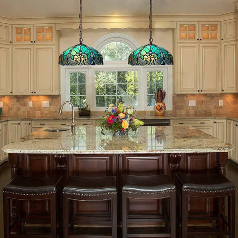 Kitchen island with Tiffany Style Stained Glass Pendant Light with 16 Inch Wide Shade, 67 Inch Tall Vintage Vibe Hanging Lamp