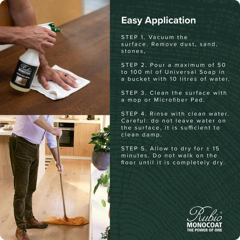 Person cleaning wooden floor with Go-To Wood Finish Safe Cleaning Soap For Floors, Furniture, And Cabinets, Non-Caustic, Dilutable 2-Liter Concentrate