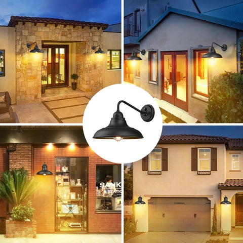 Collage of Gooseneck Dusk To Dawn Outdoor Wall Sconces Matte Black Farmhouse Barn Light Two Pack 12 Inch on various buildings
