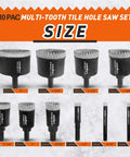 ASNOMY 10-piece diamond hole saw set for porcelain tile, glass, ceramic, stone; sizes 6mm to 50mm.