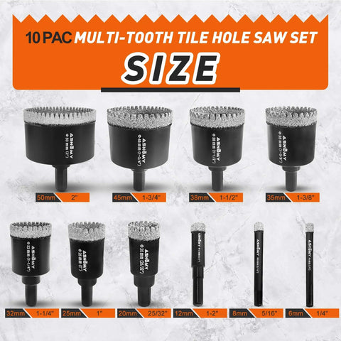 ASNOMY 10-piece diamond hole saw set for porcelain tile, glass, ceramic, stone; sizes 6mm to 50mm.
