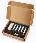 Open box of Go-To Quarter Inch Shank CNC Router Bit Kit with ER16 Collet, V Bit, End Mills, Chamfering Bit, Surface Bit included