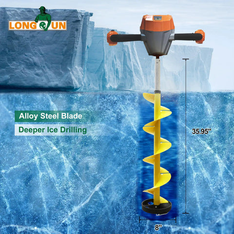 8 Inch Ice Auger For Cordless Drill With 35.95 Inch Extension Shaft displayed against icy background