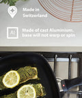 9.5 Inch Diamond Coated Nonstick Fry Pan Induction Ready Aluminum Skillet Oven Safe To 500 F with fish cooking, on stovetop.