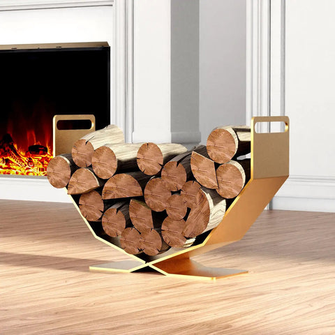 Heavy Duty Firewood Rack Built Tough For Indoor And Outdoor Use Decorative Gold Wood Holder with logs by fireplace