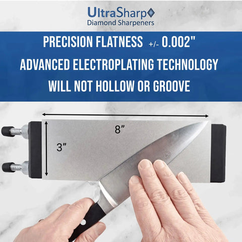 Person using knife on Dope Value Diamond Sharpening Stone Set 8 By 3 Inches With Holder Includes 300 600 1200 Grit Stones