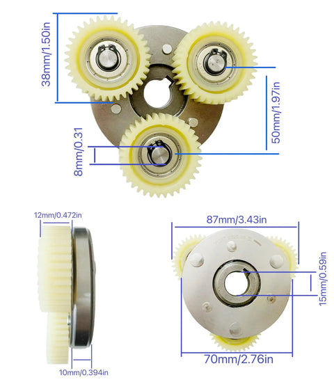 36T Nylon Clutch Gear Kit for Left Side Electric Bike Hub Motors, 38mm Planetary Gear layout with measurements.