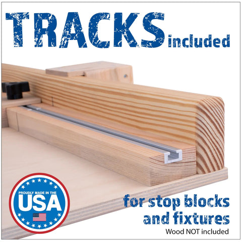Close-up of DIY 19 Inch Crosscut Sled Kit For Table Saw With Undrilled UHMW Bars, showing aluminum T-track and USA-made seal.