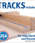 Close-up of DIY 19 Inch Crosscut Sled Kit for Table Saw showing included T track and wooden fixtures.
