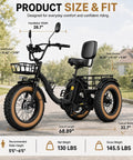 Folding Three Wheel Electric Trike For Adults 750W 48V Fat Tire 25MPH size chart with baskets and dimensions