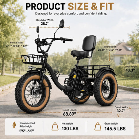 Folding Three Wheel Electric Trike For Adults 750W 48V Fat Tire 25MPH size chart with baskets and dimensions