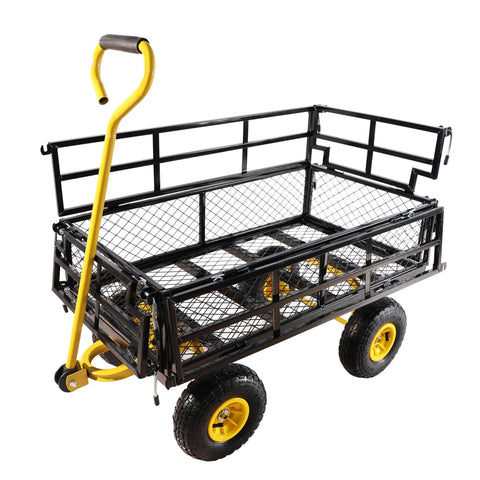 Four-Wheeled Trailer With Double-Deck Detachable Side For Farm And Warehouse Use Steel Heavy-Duty Cart In Yellow And Black