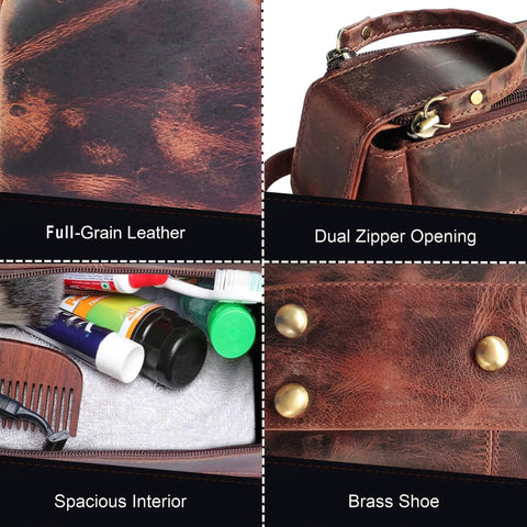 Genuine Full Grain Leather Toiletry Bag For Men Slick Travel Dopp Kit And Shaving Organizer, spacious interior and dual zippers.