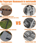 Comparison of Tegerger hammock features vs traditional hammocks, highlighting strong straps, nylon ropes, and premium fabric.