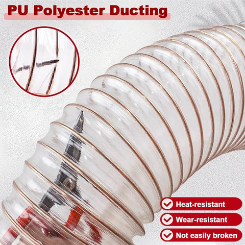 Close-up of Flexible Dust Collection Hose 45mm One Point Eight Inch Clear Extraction Pipe for woodworking tools with PU polyester material.