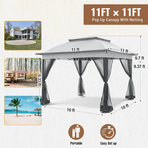 11x11 Pop Up Gazebo Tent With Mesh Netting Instant Outdoor Canopy With UPF 50+ UV Protection Water Resistant Gray Easy Setup