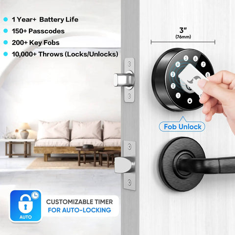 Keyless Deadbolt Smart Door Lock For Front Door With Code And Fob Access App Control Auto Lock Easy Install Weatherproof Ideal For Airbnb Hosts And Homeowners, shown with fob access on a wooden door in a living room setting.