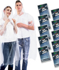 Adults wearing Ultra Thick Disposable Rain Ponchos For Adults With Hood 10 Pack Clear, with packaged ponchos on the side