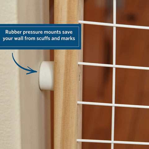 Close-up of rubber pressure mounts on Wooden Wire Mesh Pet Safety Gate Adjustable From 29 To 40.5 Inches Wide And 24 Inches Tall