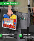 Person holding Pro-Grade 1100-Piece Wire Connectors Kit with Spade Fork Ring Bullet Terminals, crimper tool in pocket visible.