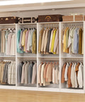 No Sweat Hella Spacious 8FT Modular Closet System Freestanding Walk-In Organizer With 12 Hanging Rods White Adjustable Storage Shelves displaying various clothing.
