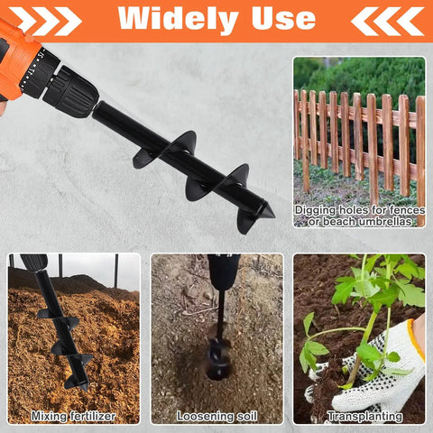 Heavy Duty Garden Auger Drill Bit Three Inch By Twelve Inch For Planting Bulb Planter Tool With Three Eighths Inch Hex Drive in use for digging holes and mixing soil