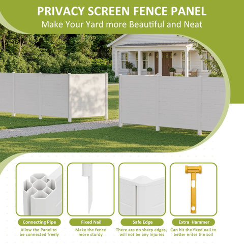 Lightweight PVC Privacy Fence Panels Set 48W By 45.4H Inches, features connecting pipes, fixed nails, and extra hammer for installation.