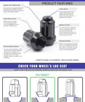 20 Pcs Short Truck Lug Nuts M14x1.5 1.50 Inch Long 6 Spline Hex Black Conical Seat True Two Piece Construction illustration